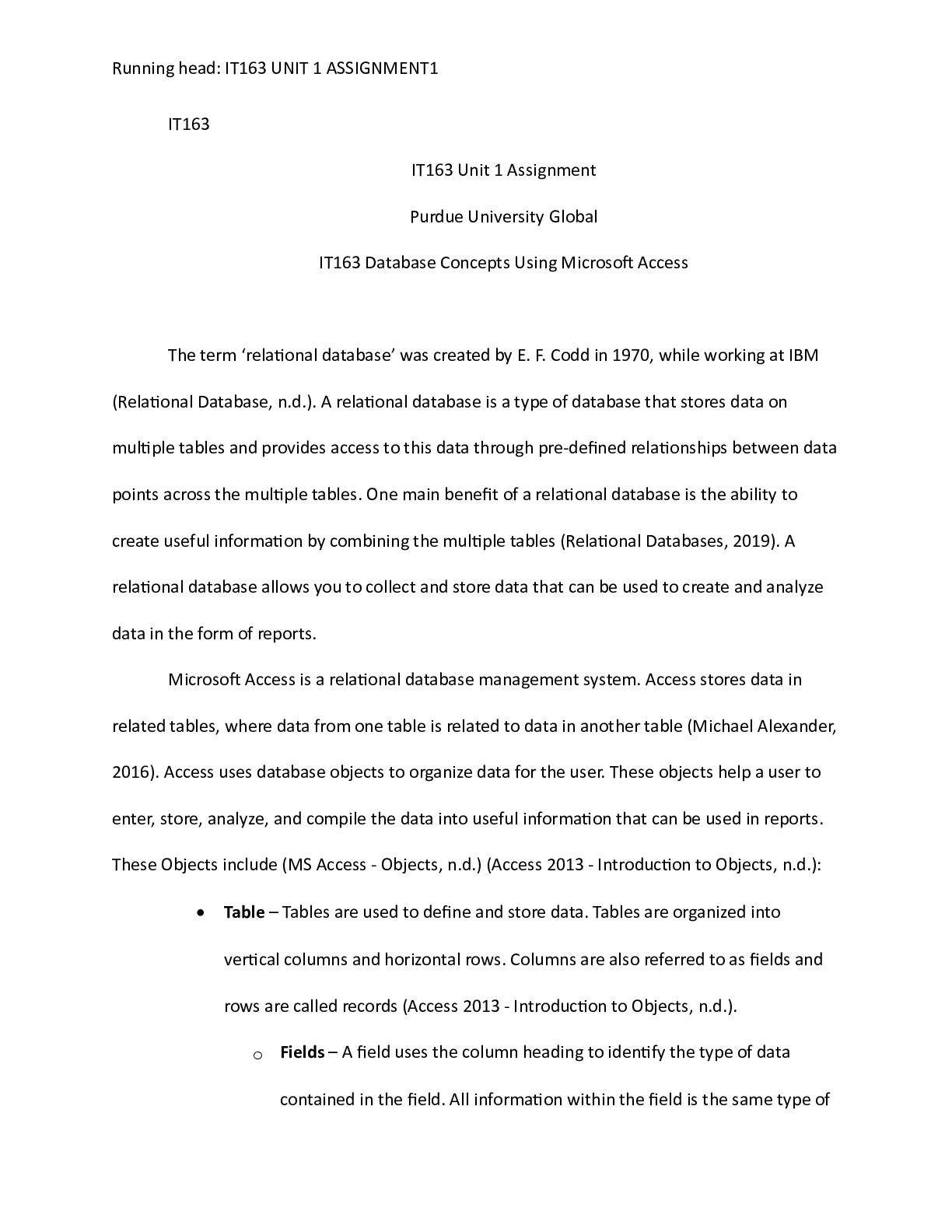 Preview image for IT163 Unit1 .docx  IT163  IT163 Unit 1 Assignment  Purdue University Global  IT163 Databas